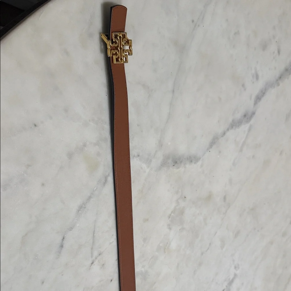 Navy Leather Belt with Gold Logo Buckle